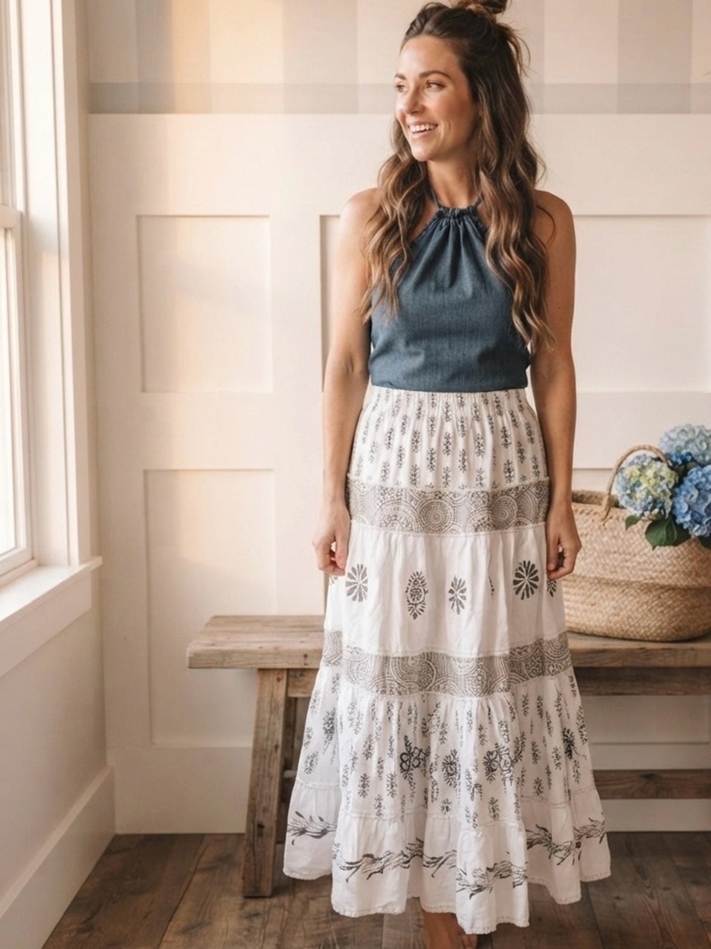 White Printed Tiered Maxi Skirt with Black Pattern 6